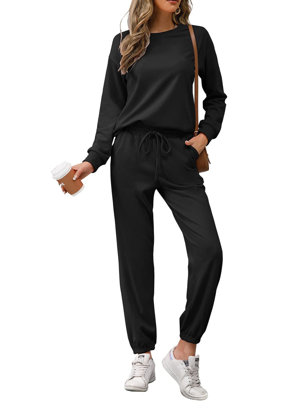 REORIA Damen Tracksuit Langarm Rundhalsausschnitt Einfarbig Zweiteiler Outfit Hoodie Jogger Training