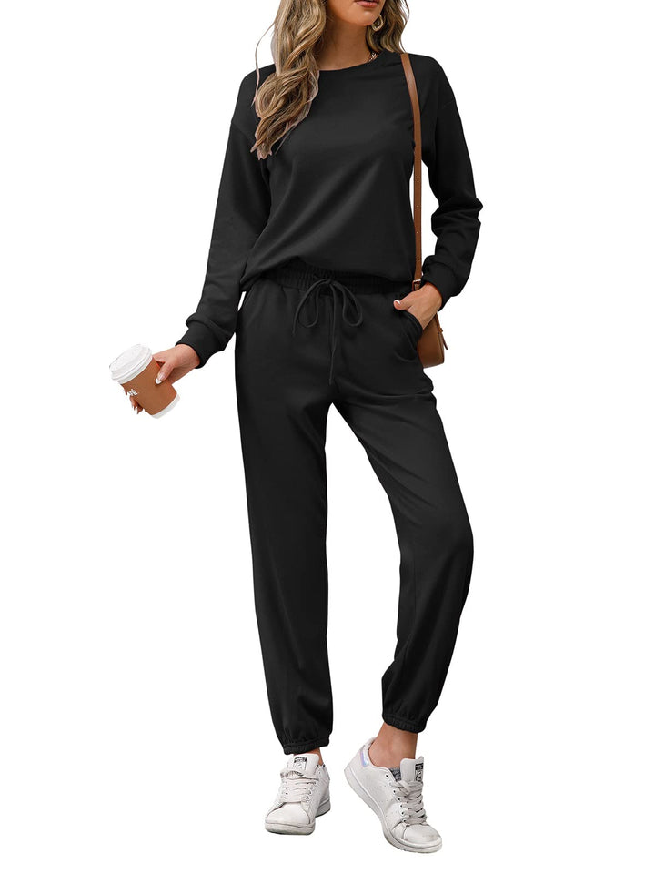 REORIA Damen Tracksuit Langarm Rundhalsausschnitt Einfarbig Zweiteiler Outfit Hoodie Jogger Training