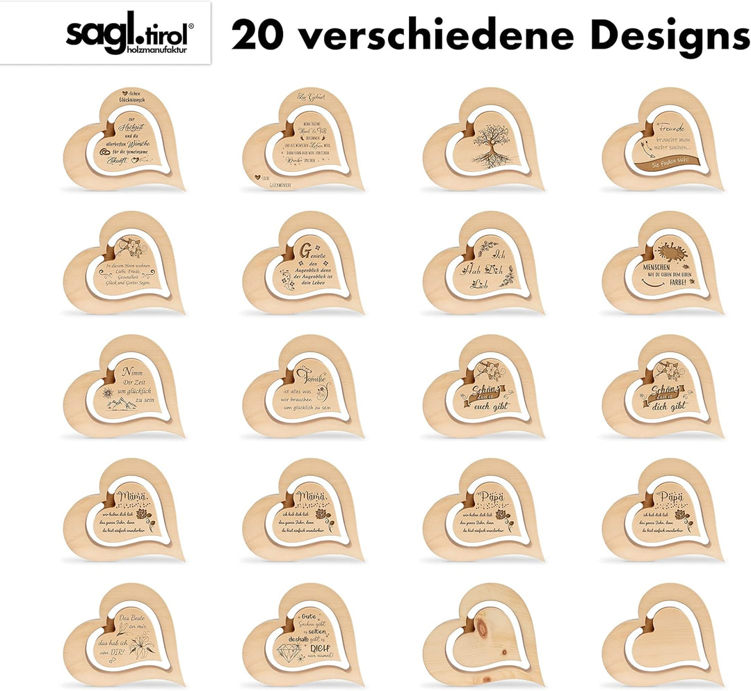 sagl.tirol Herz aus Zirbenholz mit schwebendem innen Herz und Rosen Gravur[100% Naturprodukt] Vatert