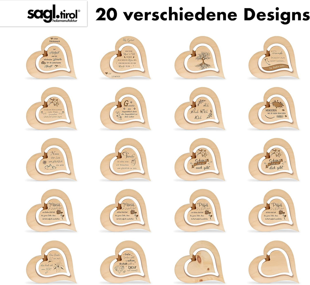sagl.tirol Herz aus Zirbenholz mit schwebendem innen Herz und Rosen Gravur [100% Naturprodukt] Vater