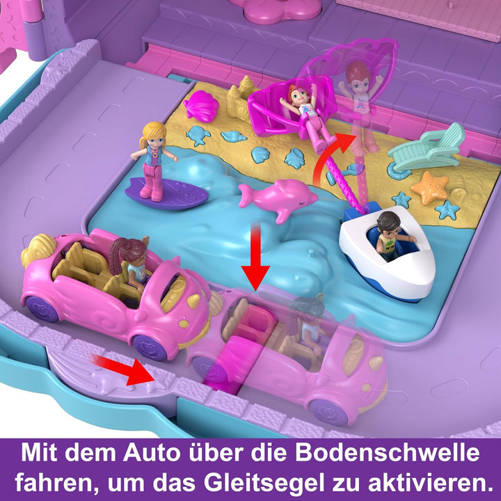 Polly Pocket Pollyville Urlaub im Rollkoffer - 4 Puppen, 1 Fahrzeug, 25+ Zubehörteile, Strand, Prome