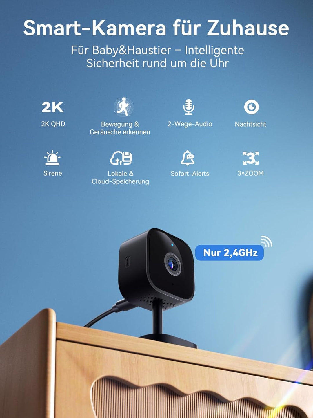 Outinput 2K Plug-in Überwachungskamera Innen, WLAN Indoor Kamera mit Nachtsicht, Hundekamera mit App