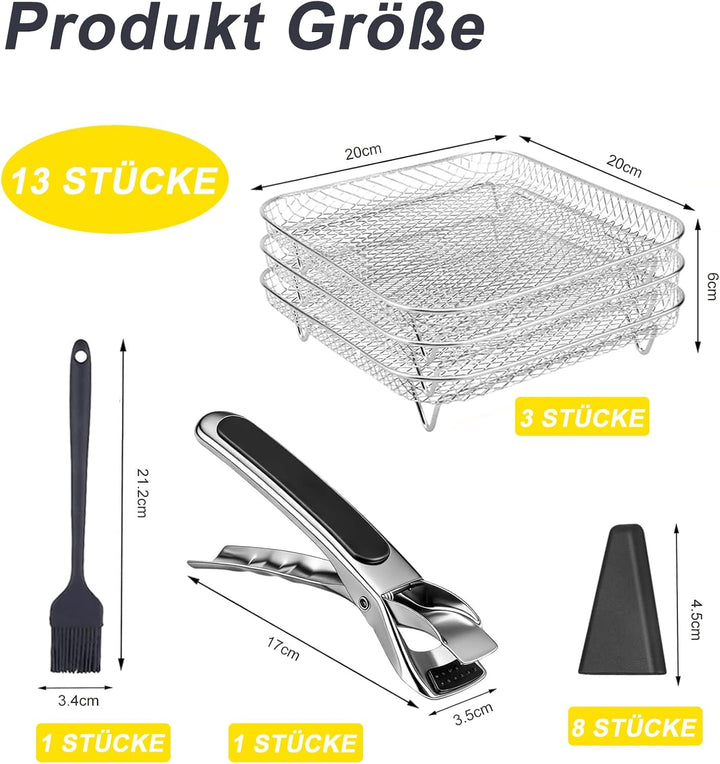 Airfryer Zubehör, 3 Stück Korb für Heissluftfritteuse, Air Fryer Rack mit 8 Silikonfüssen 1 Pinzette