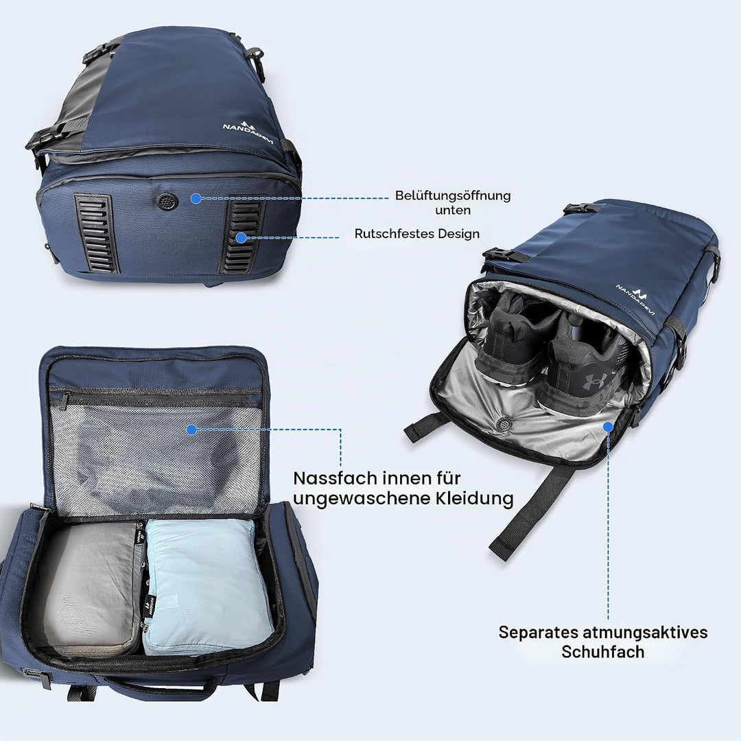 NANDADEVI Rucksack Herren, 40l, grosser, robuster, wasserabweisender Wanderrucksack mit Trocken- und