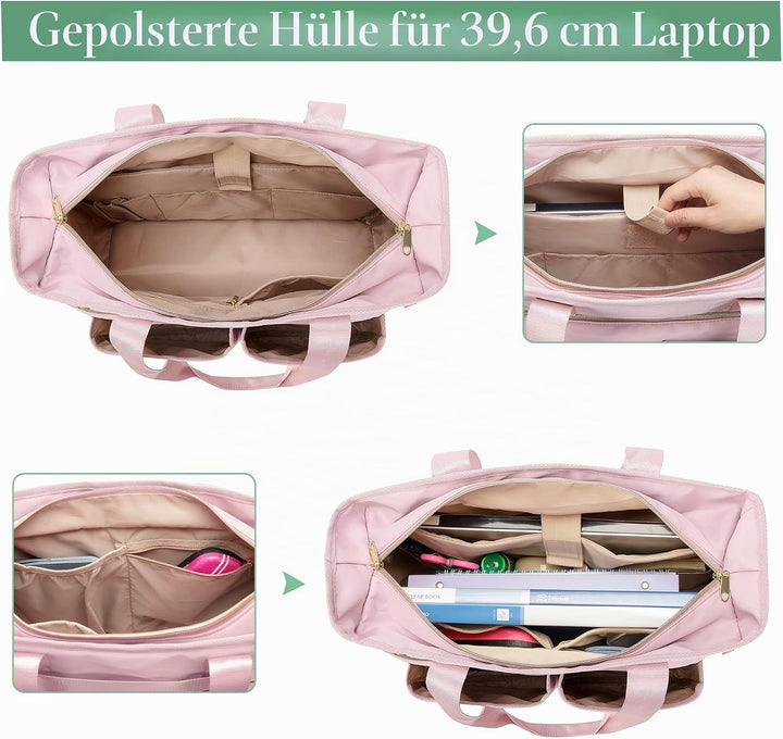 Fasrom Teacher Arbeitstasche mit Fächern für Laptop, Grosse Laptoptasche für Lehrer Rosa, Rosa
