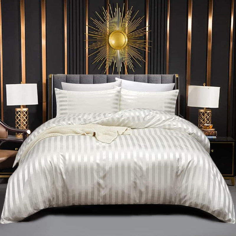 Beige Bettwäsche 200x200 Satin Streifen Glänzend Glanzsatin Uni Wende Bettwäsche Set Seide Glatt Lux