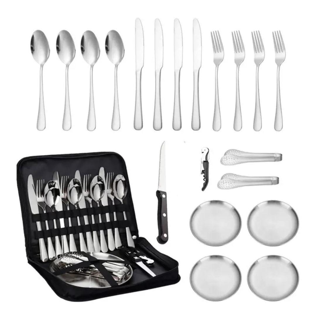 Camping Besteckset 2 Personen, 11 Stück Edelstahl Geschirr Set mit Gabeln, Messer, Löffel, Teller, C