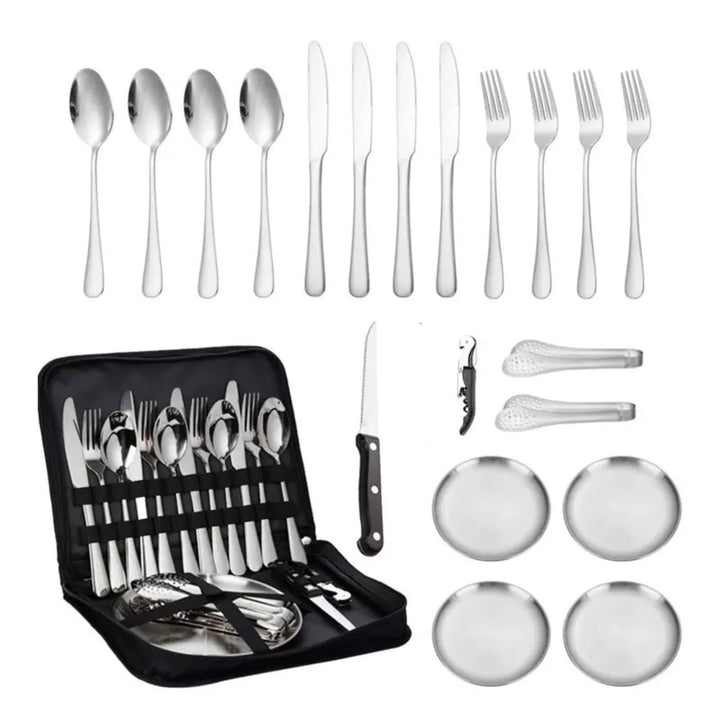 Camping Besteckset 2 Personen, 11 Stück Edelstahl Geschirr Set mit Gabeln, Messer, Löffel, Teller, C