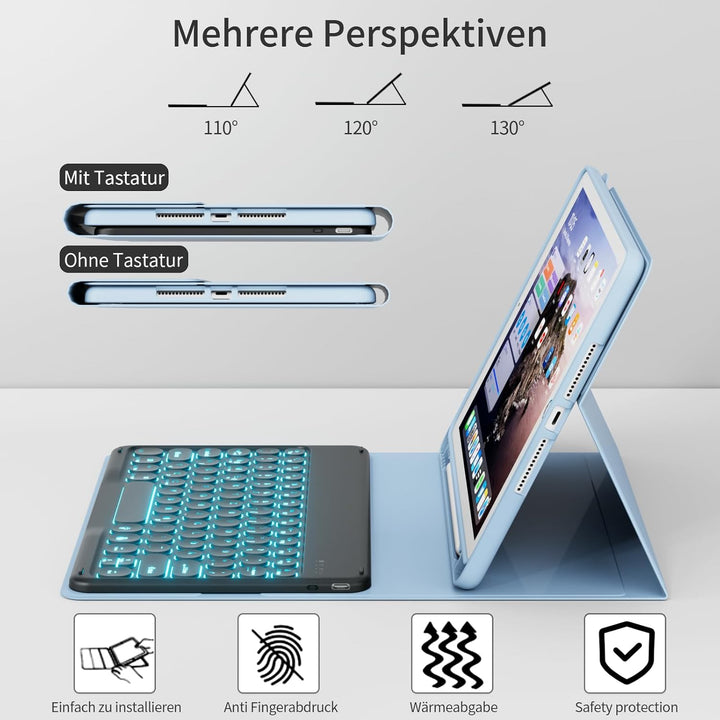 Hülle mit Tastatur für iPad 9/8/7 Generation (2021/2020/2019) 10.2 Zoll Soft TPU Rückschalemit Stift
