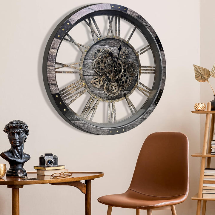 DORBOKER 68CM Grosse Vintage Wanduhr mit Beweglichen Zahnrädern, Retro Holz Gehärtete HD-Glasabdecku