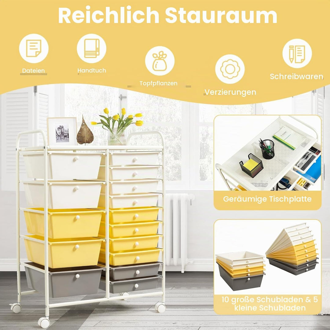 KOMFOTTEU Rollwagen mit 10/15 Schubladen stapelbar, Badrollwagen Rollcontainer mit Metallrahmen, All