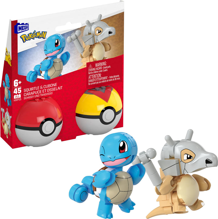 MEGA Pokémon Actionfigur Bauspielzeug-Set, Pokéball 2er-Pack, Schiggy und Tragosso mit 45 Teilen, fü