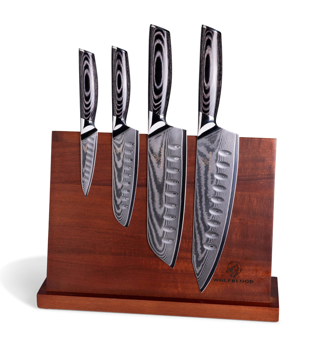 Wolfblood PRO 4er Damastmesser Set (33, 31, 24 und 20 cm) mit magnetischem Messerblock aus Akazienho