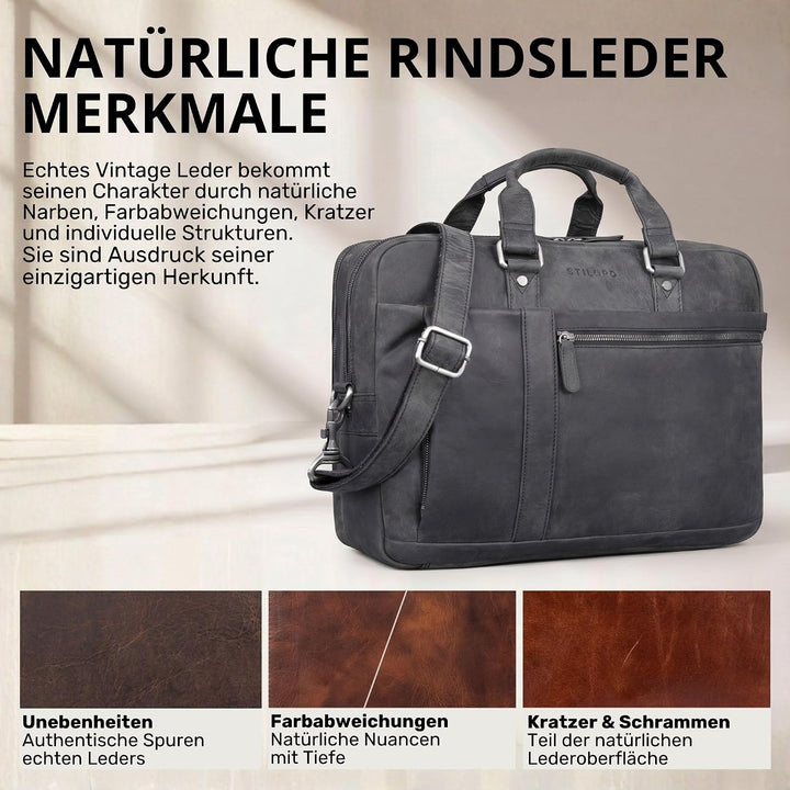 STILORD 'Nico' Grosse Businesstasche aus Hochwertigem Leder für 15.6 Zoll Laptop, Farbe:carbon - gra