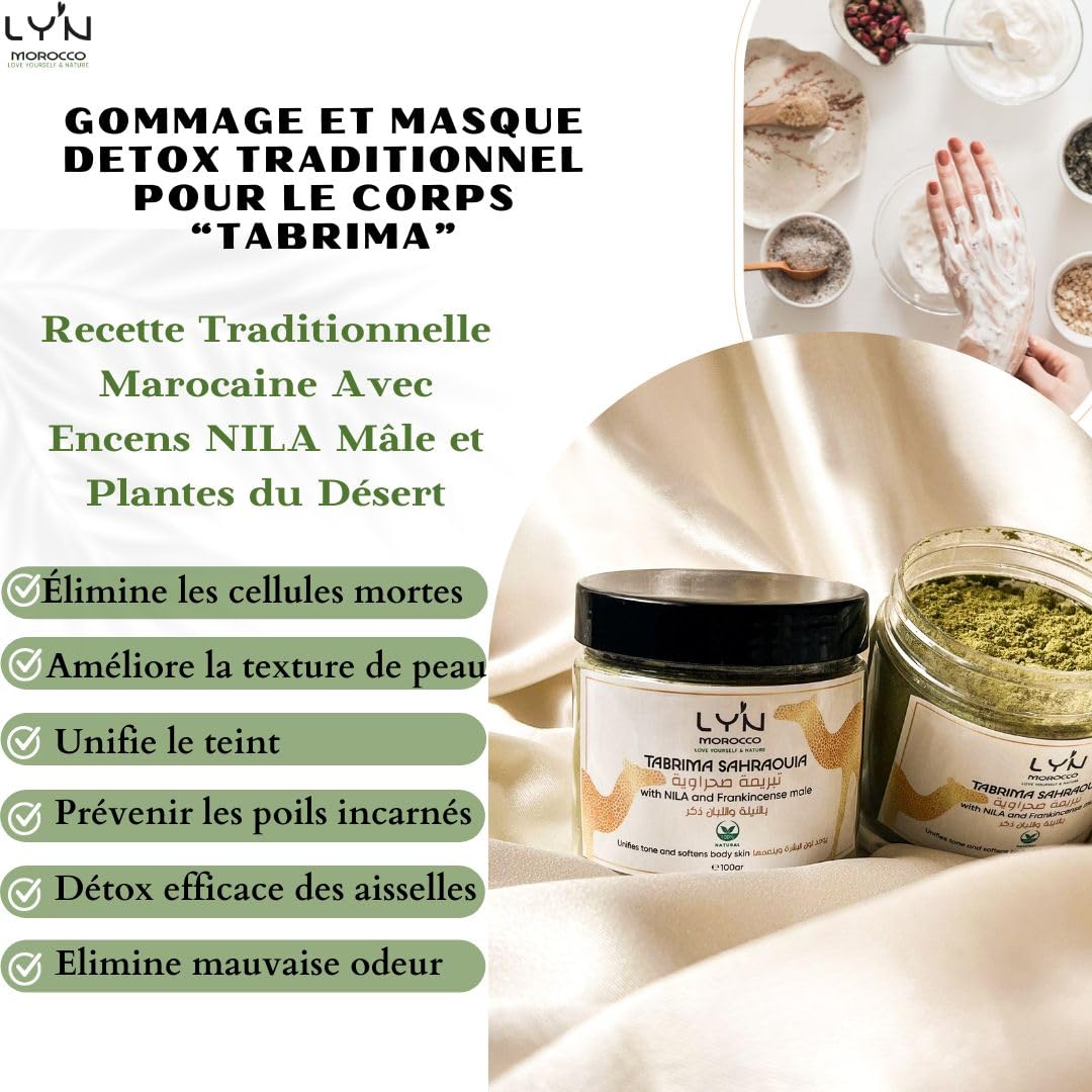 Ly'n Morocco TABRIMA SAHRAOUIA NILA und Weihrauch männlich Körpermaske Exfoliant für Knie, Ellbogen,