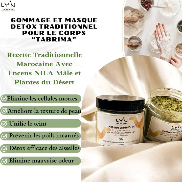 Ly'n Morocco TABRIMA SAHRAOUIA NILA und Weihrauch männlich Körpermaske Exfoliant für Knie, Ellbogen,