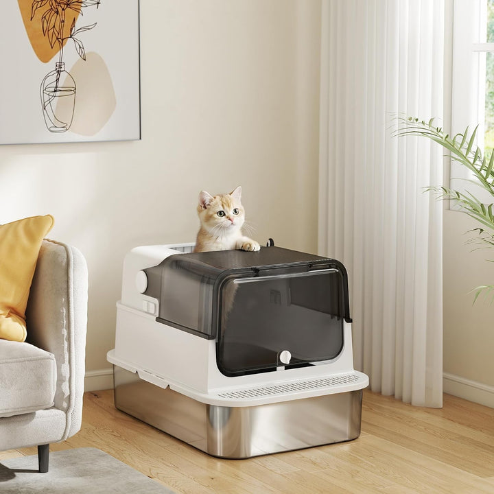 PawHut Katzenklo XXL Edelstahl mit Deckel 52L für grosse Katzen Weiss | Katzentoilette für Mehrere K