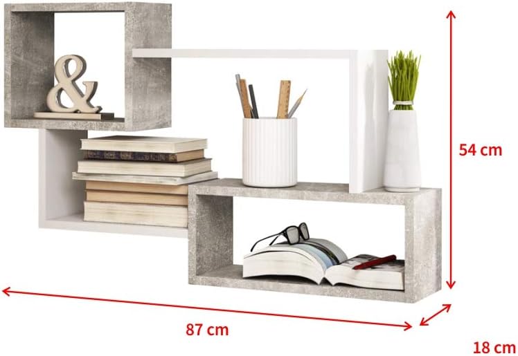 Selsey Kassi - Wandregal/Hängeregal/Bücherregal in Betonoptik/Weiss Matt 54x87cm, 30 x 30 x 50 cm, B
