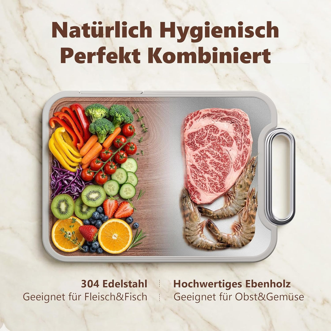 ROTTOGOON Schneidebrett Holz & Edelstahl 2 in 1 Doppelseitiges Schneidebrett mit Saftrille Rutschfes