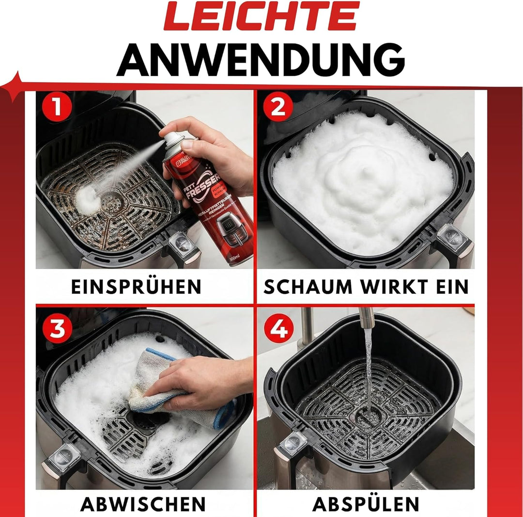 Airfryer-Reiniger Power-Schaum für Heissluft-Fritteuse und Backofen | Starker Fettlöser mit Hafteffe