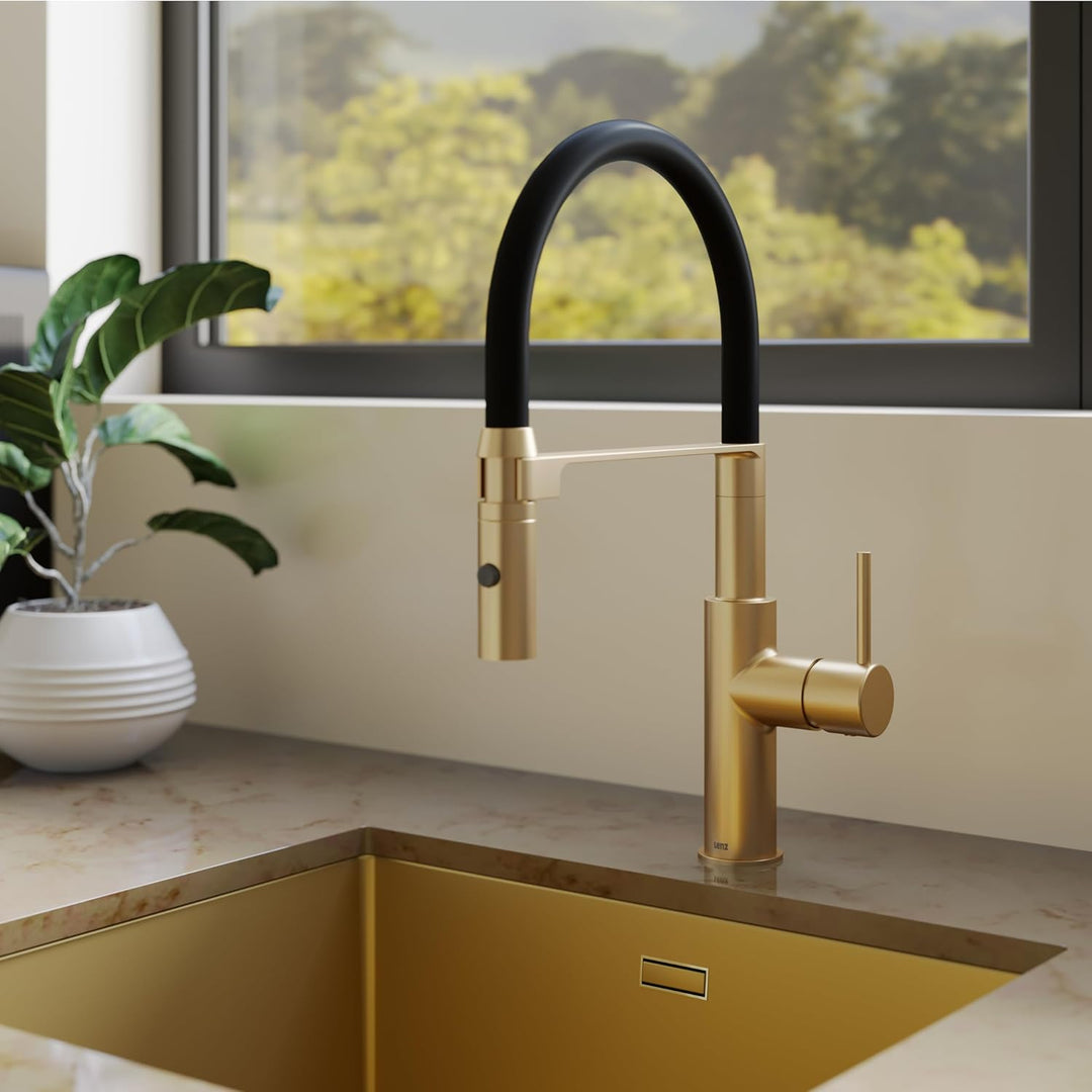 Lenz Küchenarmatur NALU Gold – Flexible, 360° schwenkbare Pendelbrause | Geschirrbrause, 2 Strahlart