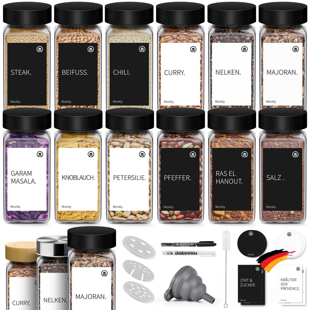 Miorkly Gewürzgläser Eckig mit Streueinsatz - 12 x 120ml - Edelstahl Deckel G.12, G.12