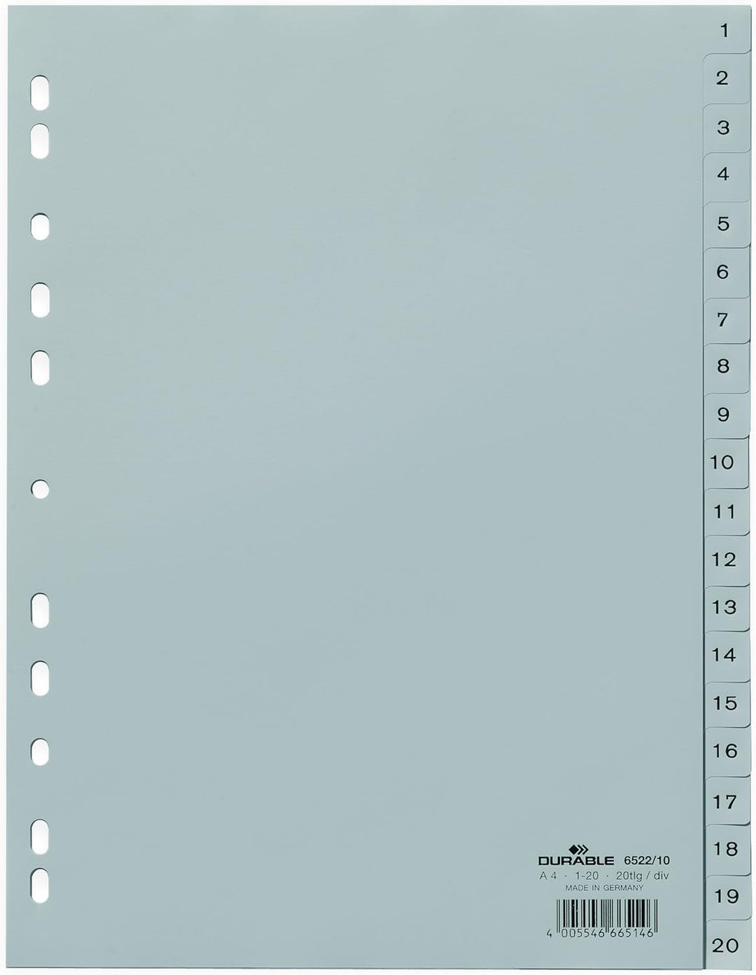 Durable Zahlenregister (A4, geprägte Taben 1-20, PP volldeckend) 20 Stück, grau, 652210, 1-20