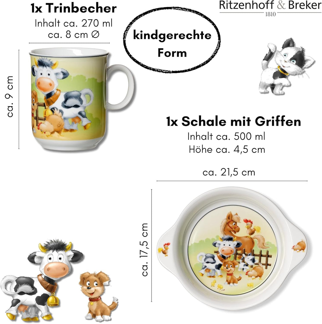 Ritzenhoff & Breker Kindergeschirr Set Hoftiere 2-teilig, Schale mit Griffen (500 ml) und Kinderbech