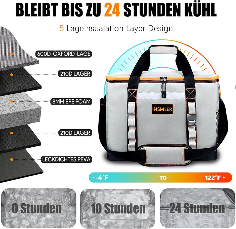 INSMEER 48L Gross Kühltasche, 65 Cans Kühltasche Faltbar mit Oberöffnung, XXL (45 * 35 * 30CM) wasse