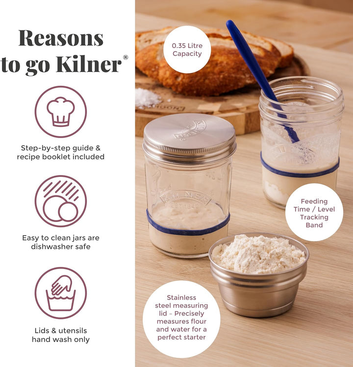 Kilner Sauerteig Starter Set 5-teilig / 350 ml / Glas mit Messbecher-Deckel, Weithals-Glas, Gummirin
