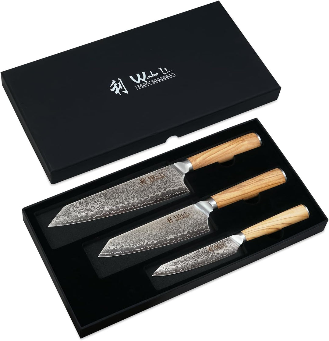 Wakoli Damast 3er Messer-Set Kiritsuke mit Klingen von 11 bis 20 cm extrem scharf aus 67 Lagen I Pro