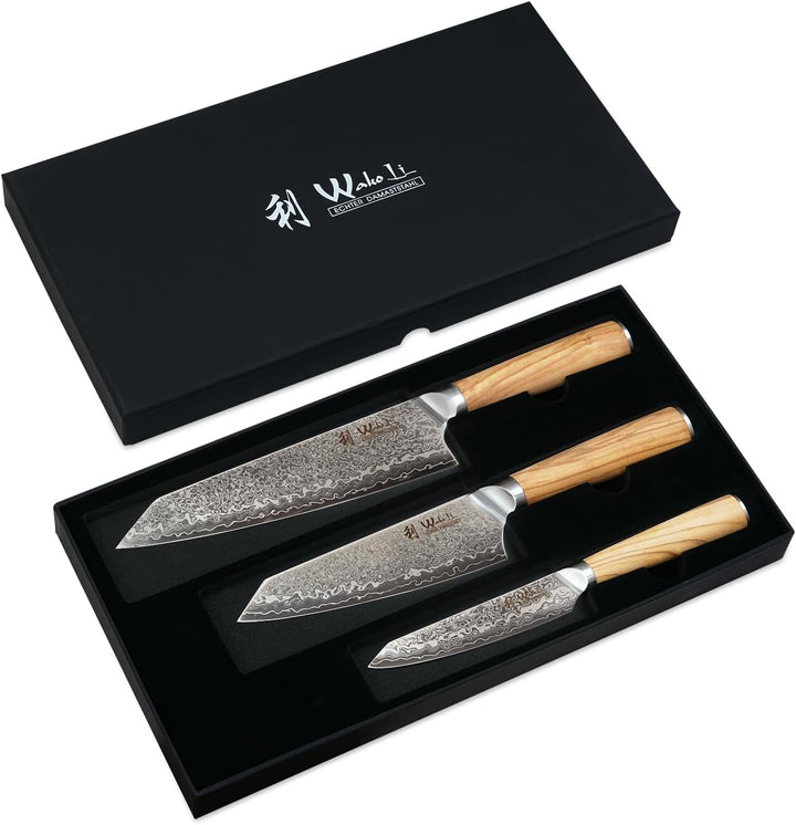 Wakoli Damast 3er Messer-Set Kiritsuke mit Klingen von 11 bis 20 cm extrem scharf aus 67 Lagen I Pro