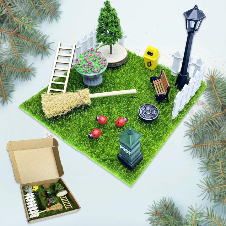 15 Stück Miniatur Garten Zubehör，Kunstrasen Miniaturgarten，Zubehör mit Miniatur Kunstrasen, Zaun, Ba
