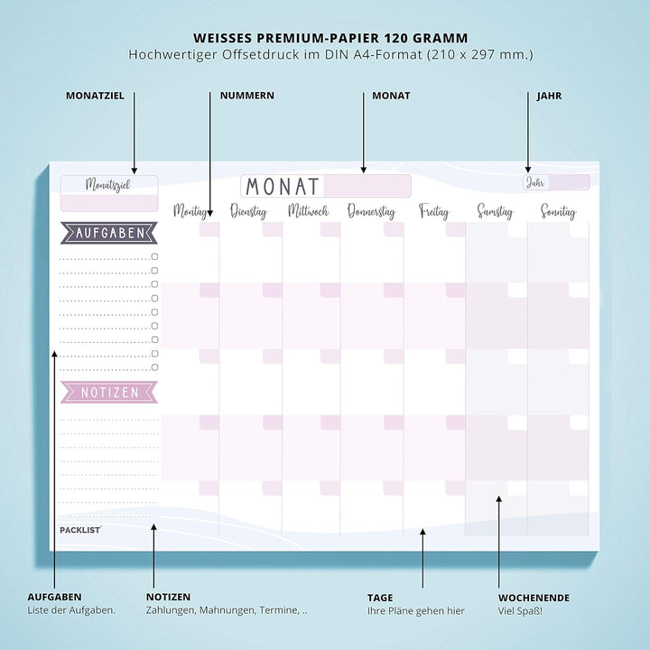 PACKLIST Wochenplaner + Monatsplaner Block A4 ohne Festes Datum. Terminplaner, Familienplaner mit Mo