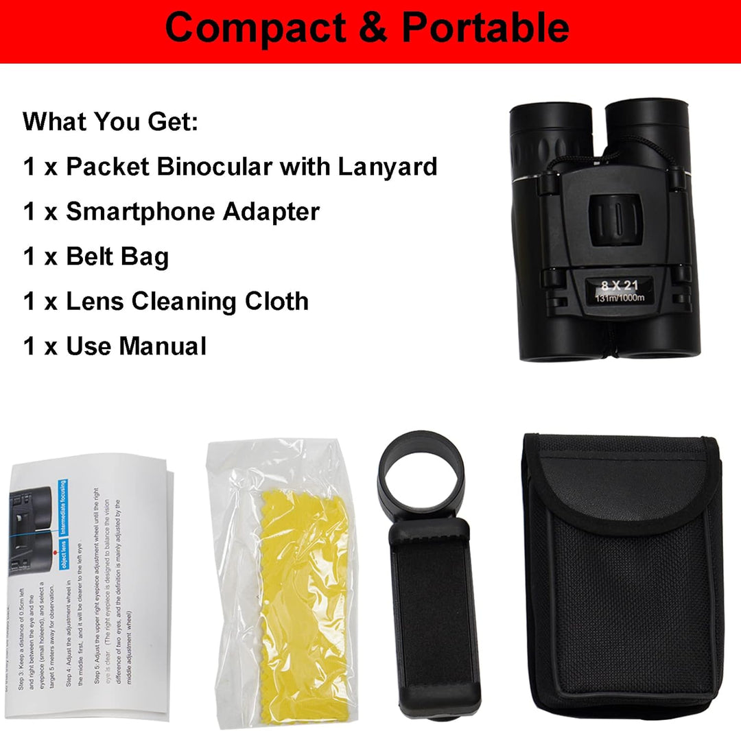 FLYAMAPIRIT Mini Fernglas Teleskop Faltbares 8X21 HD Fernglas mit Smartphone-Adapter, Tragegurt und