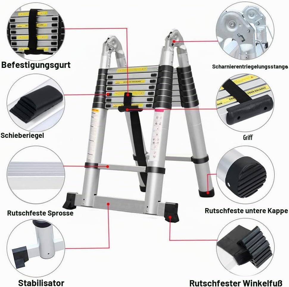 Teleskopleiter aus Aluminium, ausziehbare Teleskopleiter, Teleskopleiter, Klappleiter, Loft Ladder,