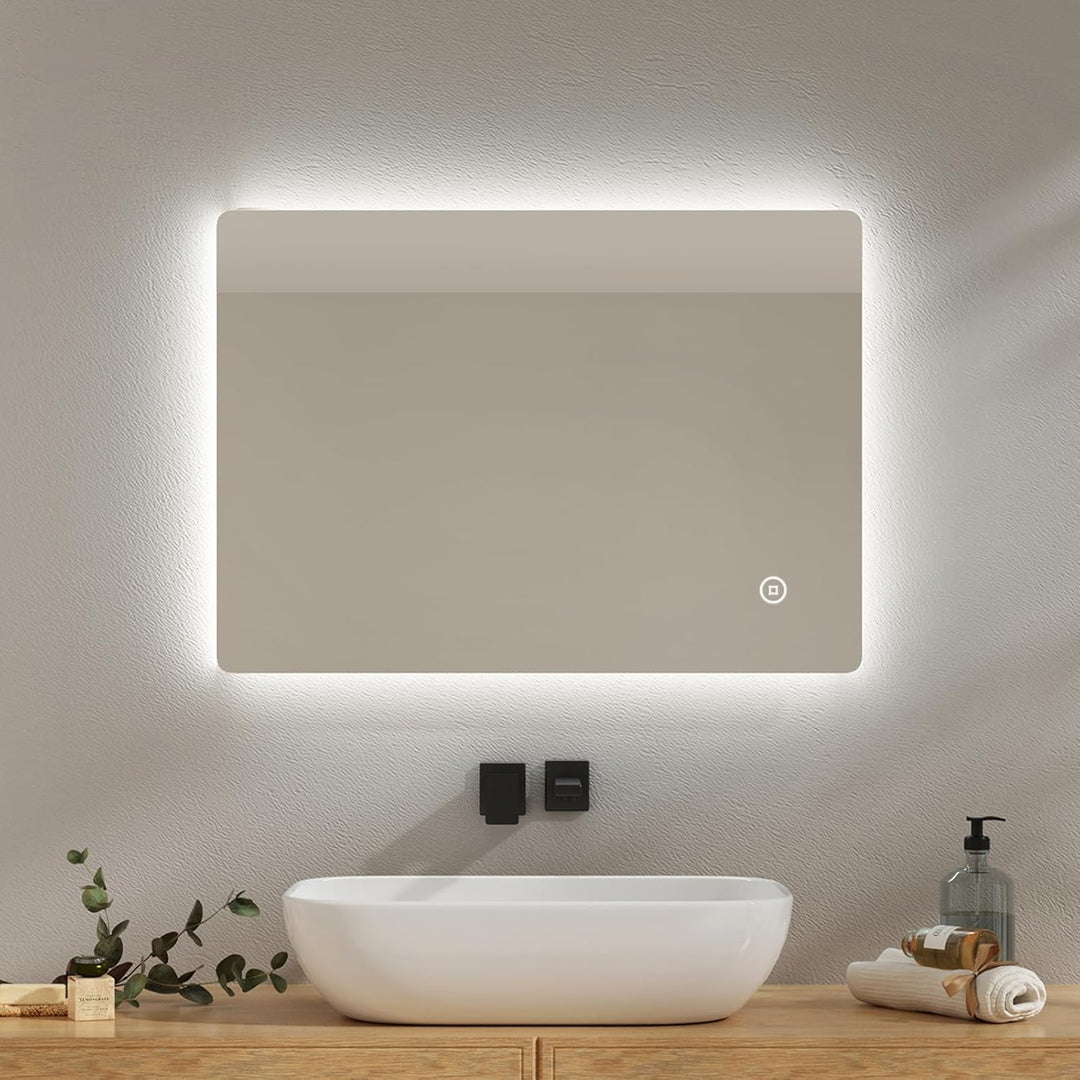 EMKE Badspiegel mit Beleuchtung 50x70cm, Badezimmerspiegel mit Beschlagfrei, 3 Lichtfarben dimmbar,