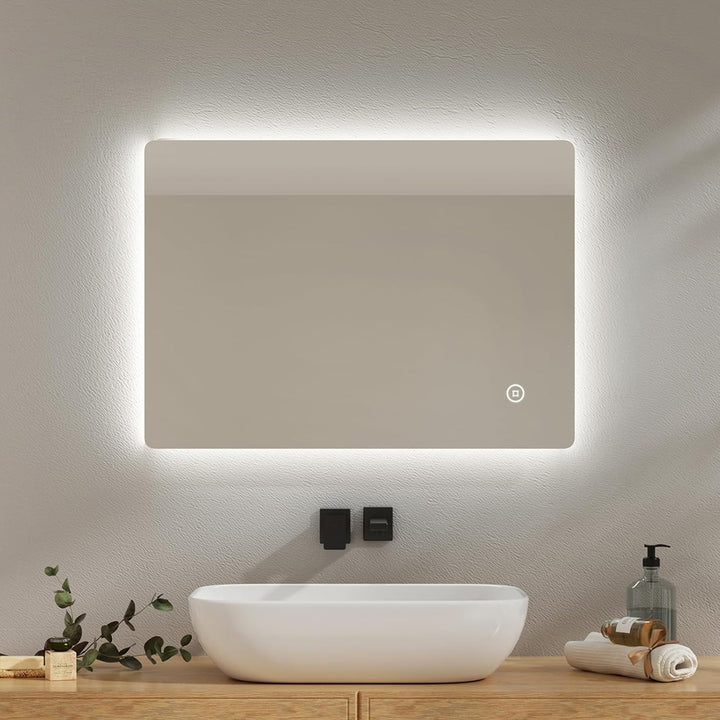 EMKE Badspiegel mit Beleuchtung 50x70cm, Badezimmerspiegel mit Beschlagfrei, 3 Lichtfarben dimmbar,