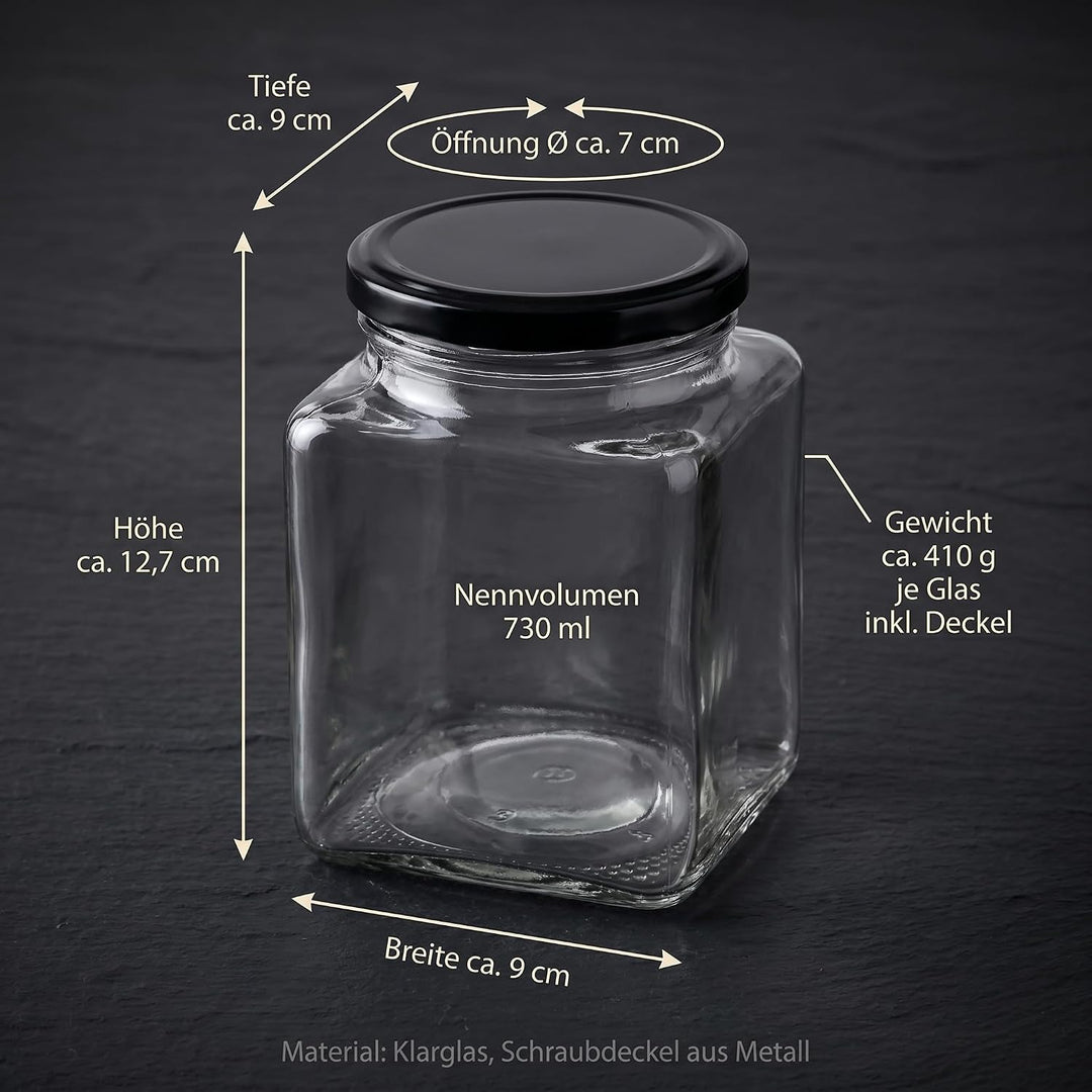 gouveo 6er Set Einmachgläser 730 ml eckig mit Schraub-Deckel schwarz - Grosse Vorratsgläser mit Dreh