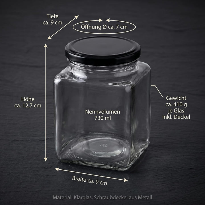 gouveo 6er Set Einmachgläser 730 ml eckig mit Schraub-Deckel schwarz - Grosse Vorratsgläser mit Dreh