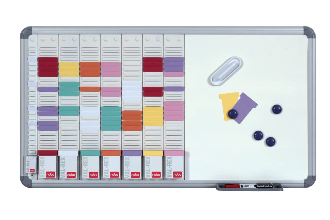 Nobo T-Karten Planungsset mit magnetischem Whiteboard, Wandmontage, Stahloberfläche, 8 Spalten &amp; 24