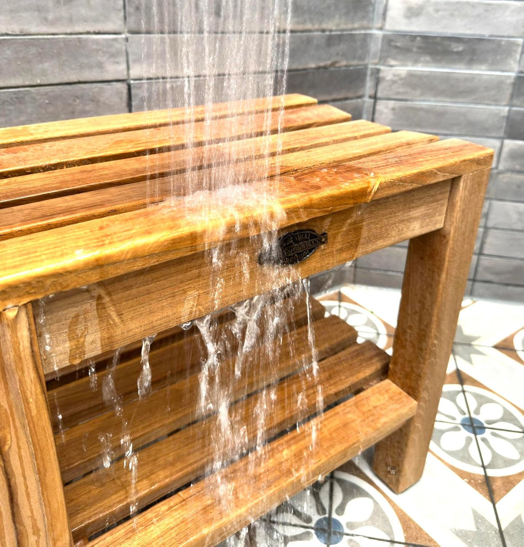 Duschhocker Holz mit Ablage Duschbank Premium Badhocker Badsitz Massivholz und Anti-Rutsch-Füsse