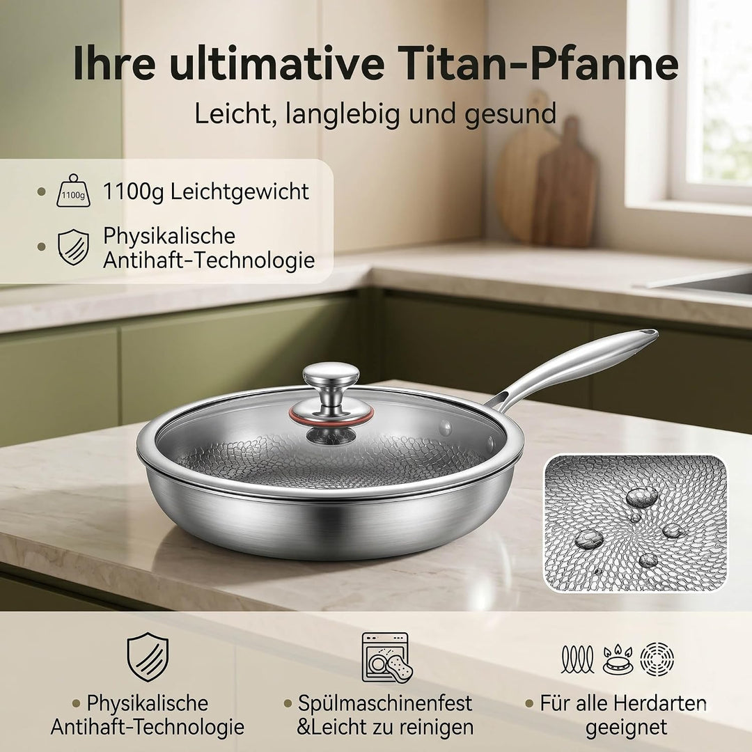 Titan Pfanne 28 cm mit Deckel, Unbeschichtete Titan Bratpfanne mit Gehämmertem Design, Kratzfeste Ph