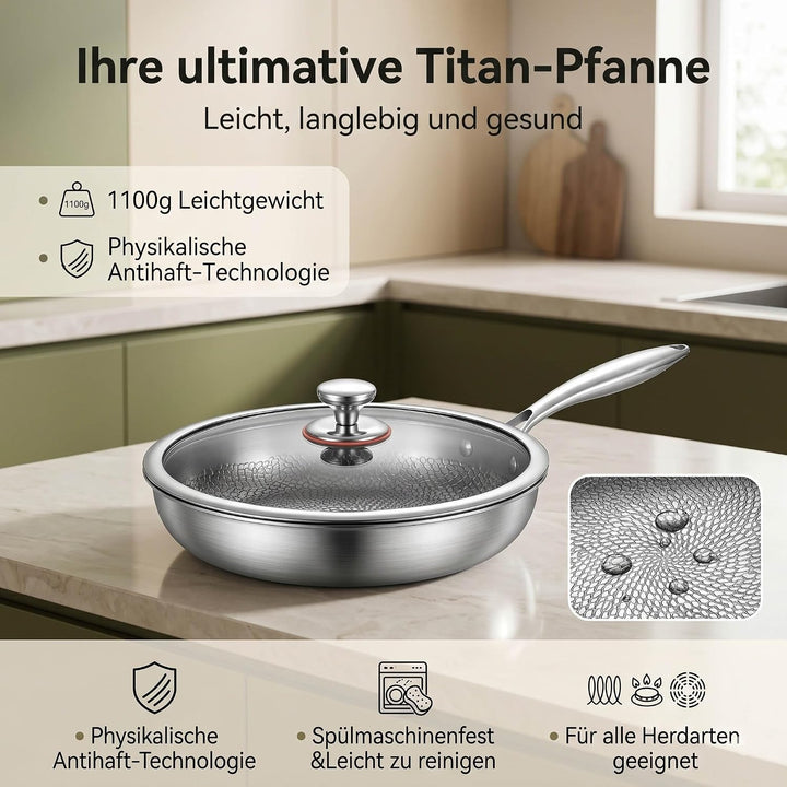 Titan Pfanne 28 cm mit Deckel, Unbeschichtete Titan Bratpfanne mit Gehämmertem Design, Kratzfeste Ph