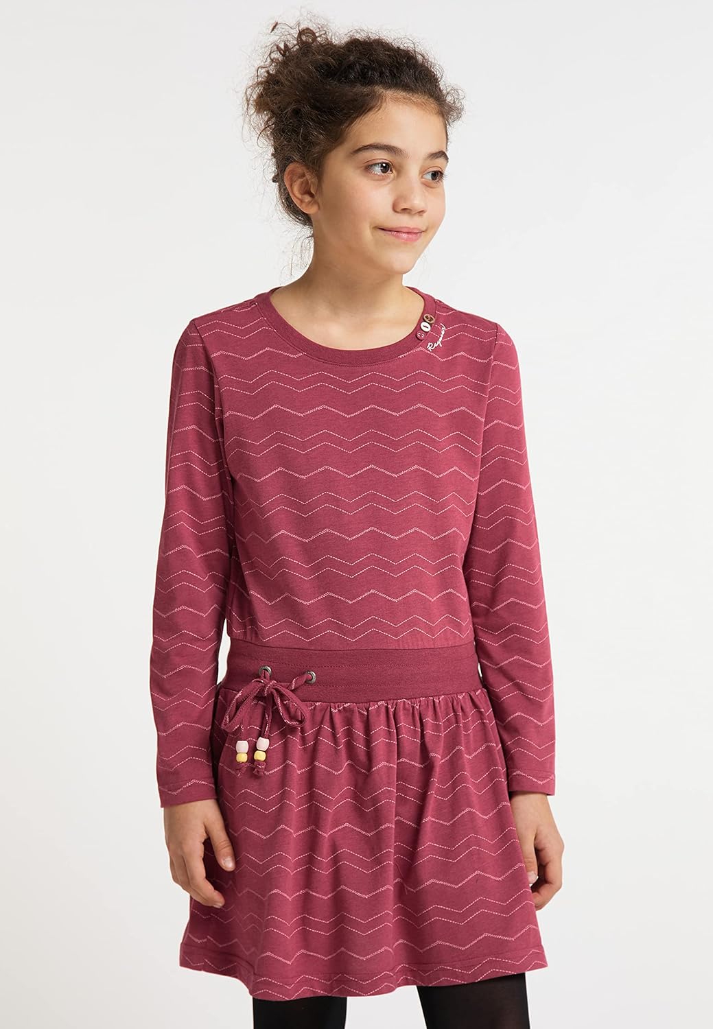 Ragwear Mädchen Kleid langärmelig mit Chevron-Muster, Kordel in der Taille, Taschen, 100% vegan, ide