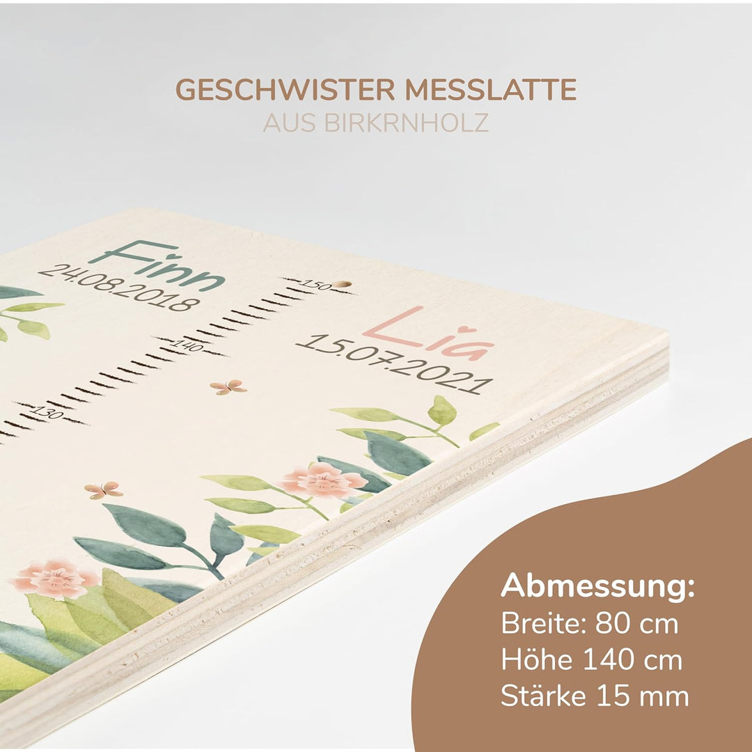 Kidsmood Personalisierte Geschwister-Messlatte aus Holz, Kinderzimmer Deko für Mädchen und Jungs, Pe