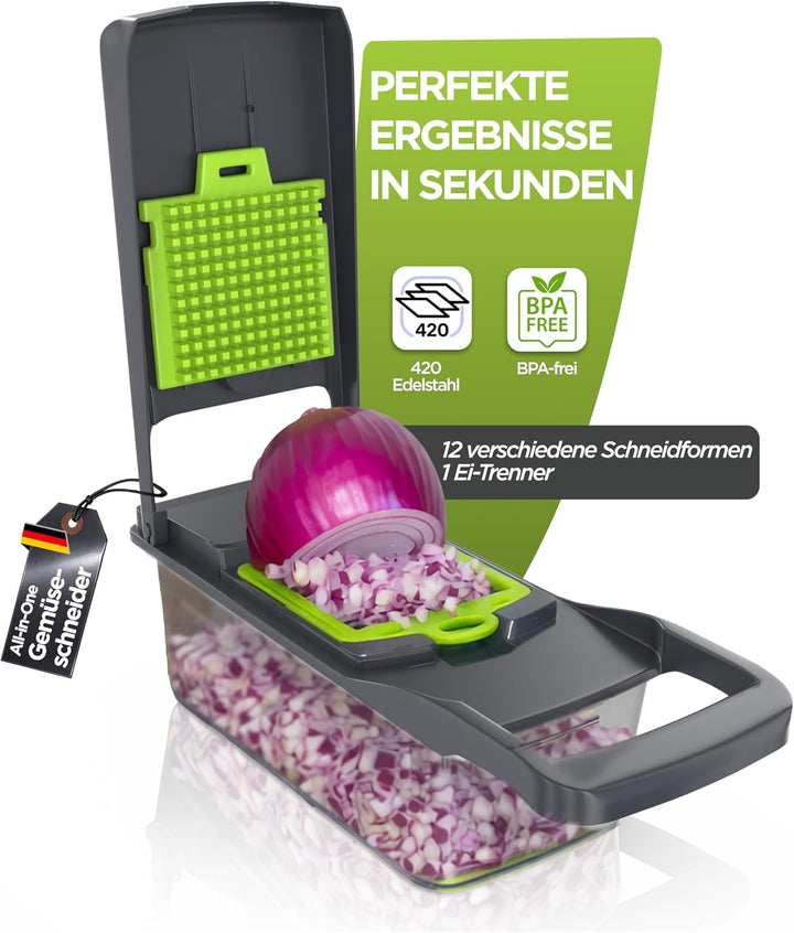 Gemüseschneider Multifunktion 13-in-1 mit Auffangbehälter, Mandoline Hobel, Zwiebelschneider, Würfel