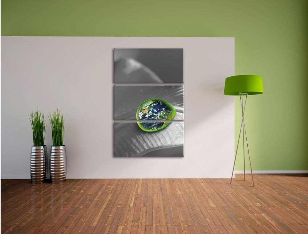 Pixxprint Erde in einem Tautropfen auf Blatt 3-Teiler Leinwandbild 120x80 Bild auf Leinwand