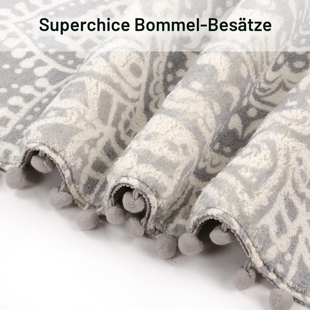 KIMODE Boho Runder Grau Teppich 120cm Mandala Schlafzimmer Weicher Grosser Teppich mit Pom Pom Frans