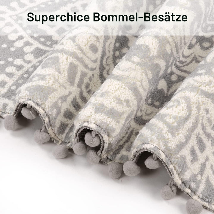 KIMODE Boho Runder Grau Teppich 120cm Mandala Schlafzimmer Weicher Grosser Teppich mit Pom Pom Frans